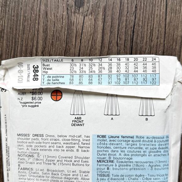 UNCUT Vintage 1980s Butterick 3848 Sewing Pattern Size XXS-XS Womens Midi Dress - Picture 3 of 3